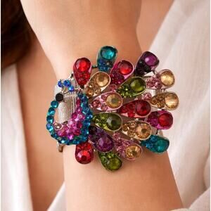 NEW Peacock Rhinestone Stretch Bracelet Multicolor Cuff Statement Jewelry NWT